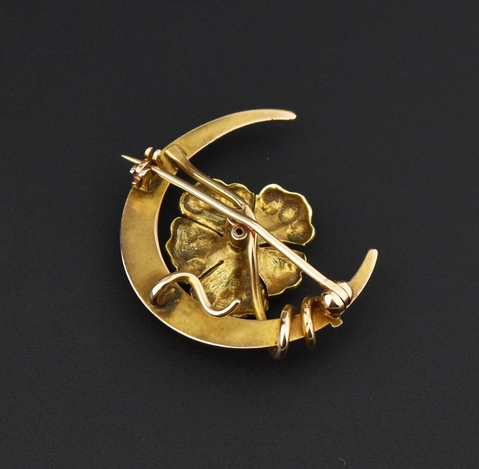 Art Nouveau 14K Gold Diamond Enamel Pansy Crescent Moon Brooch