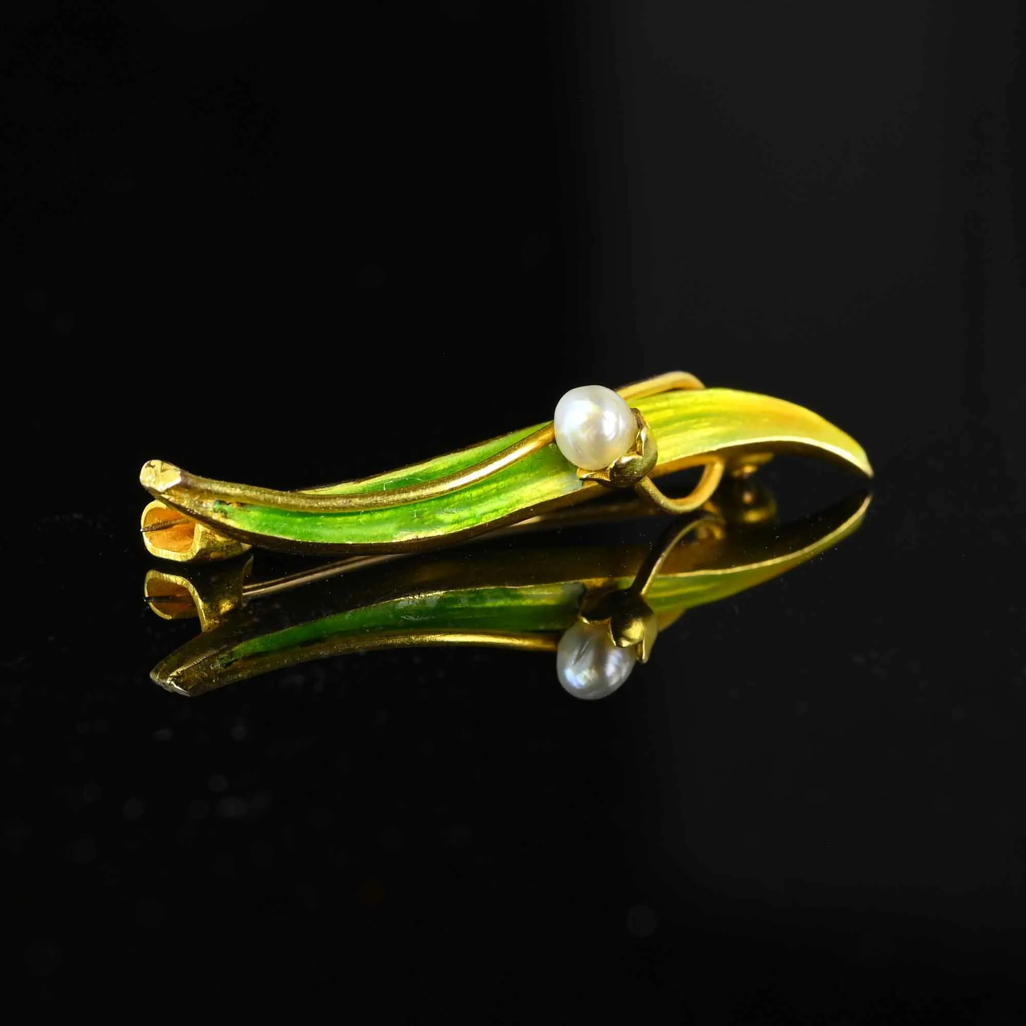 Art Nouveau 14K Gold Krementz Enamel & Pearl Brooch