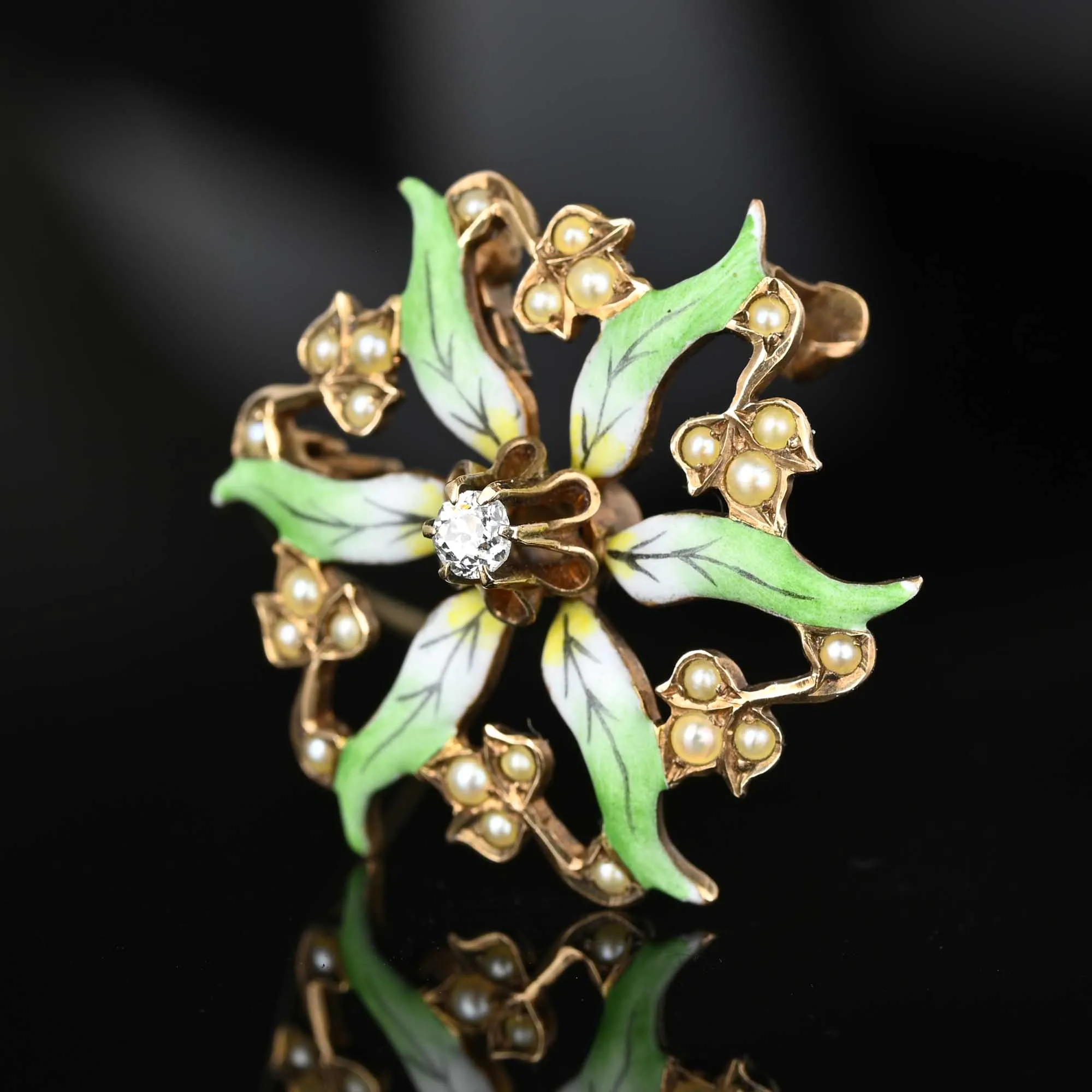 Art Nouveau Enamel Flower Pearl Diamond Brooch