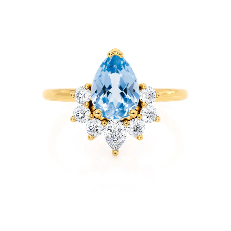 BALLET - Chatham® Pear Aqua Spinel & Diamond Half Halo Tiara Ring 18k Yellow Gold