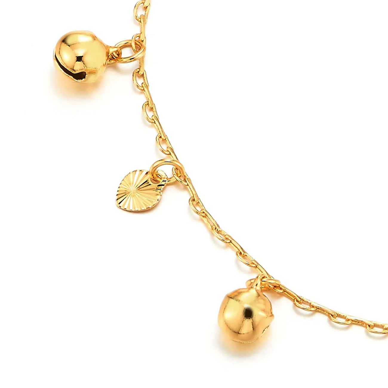 Beautiful Gold Link Chain Anklet Bracelet with Dangling Grooved Hearts and Jingle Bells, Adjustable