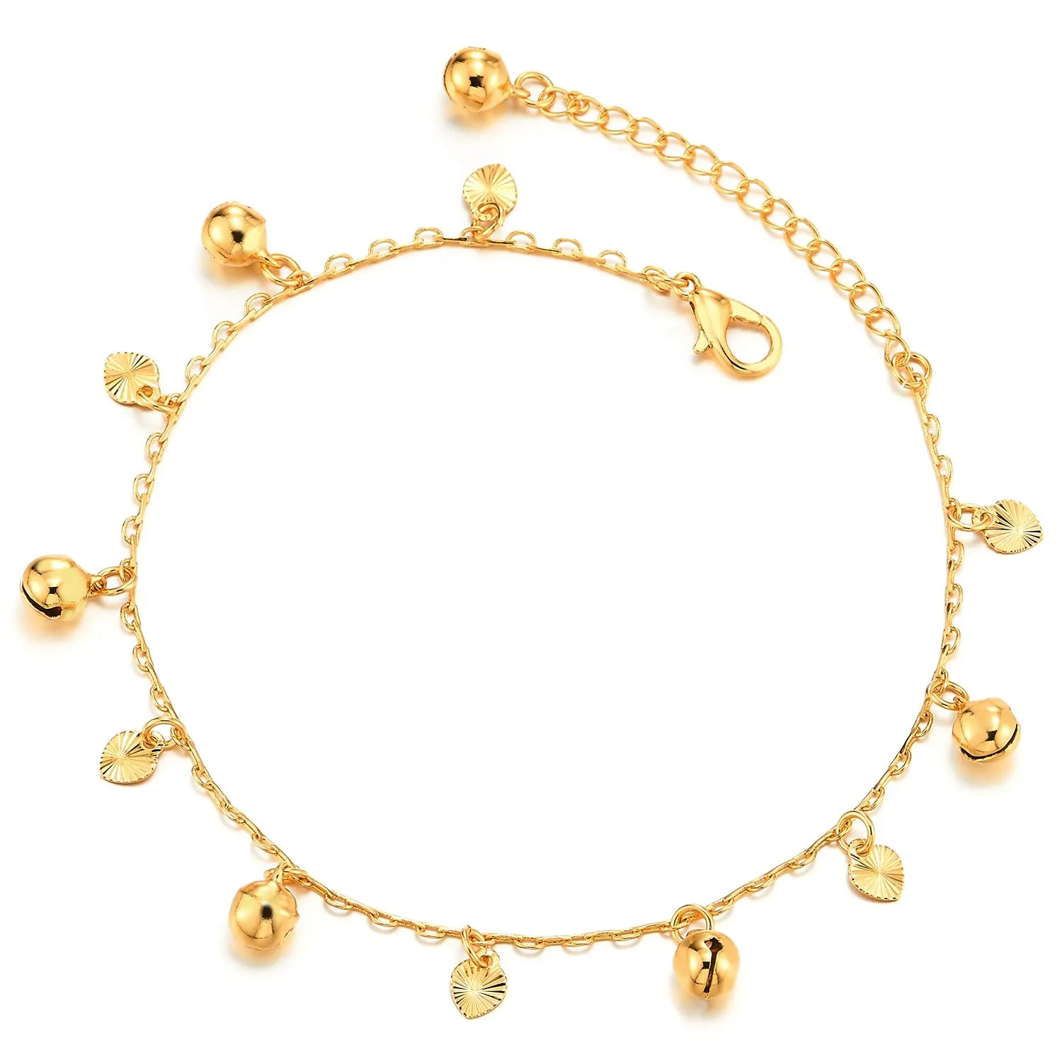 Beautiful Gold Link Chain Anklet Bracelet with Dangling Grooved Hearts and Jingle Bells, Adjustable