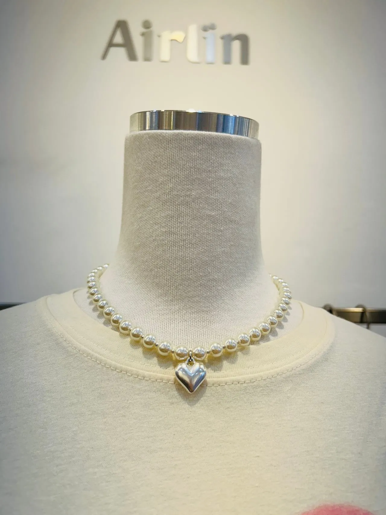 Big Silver heart pearl necklace