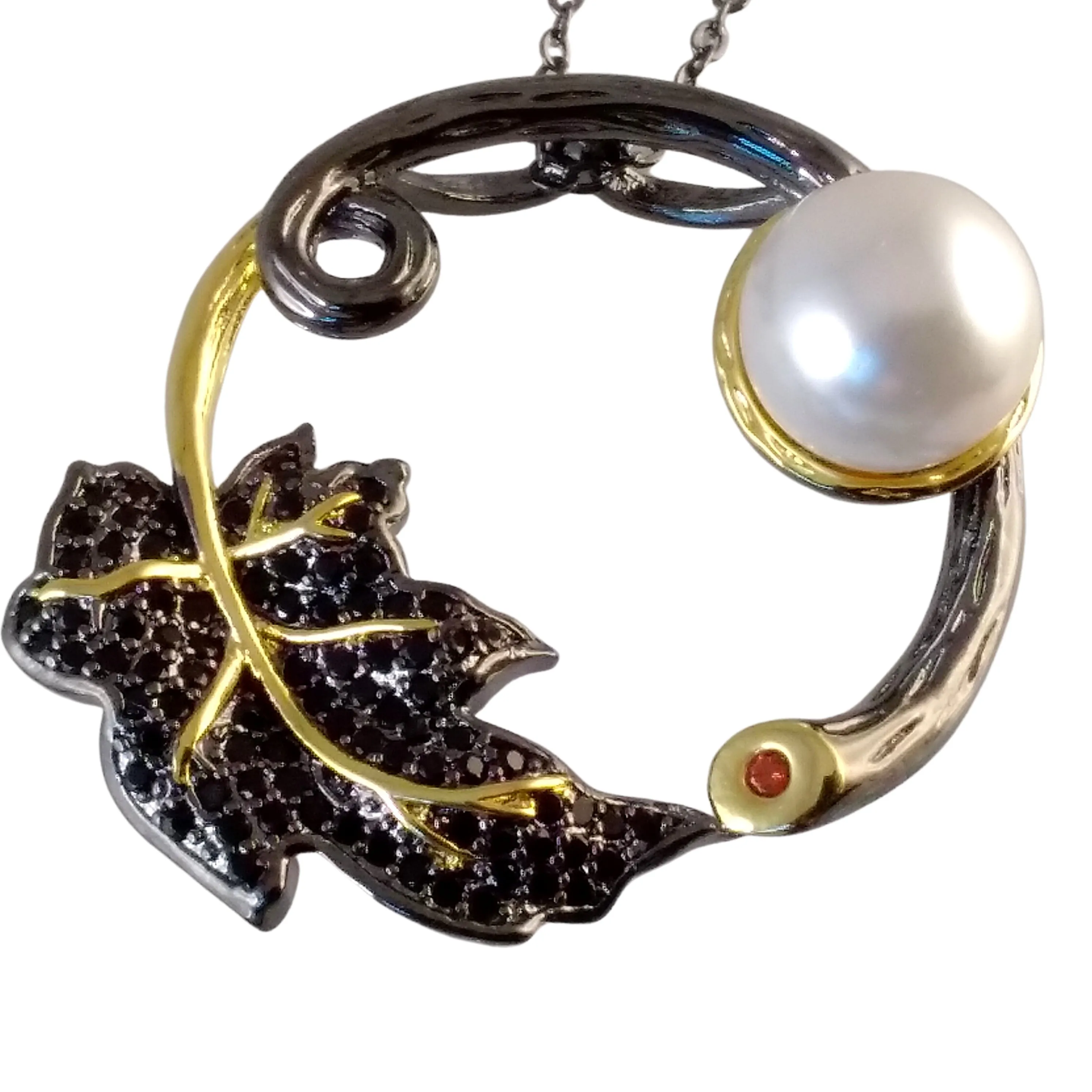 Black Gold Necklace Leaf With Pearl