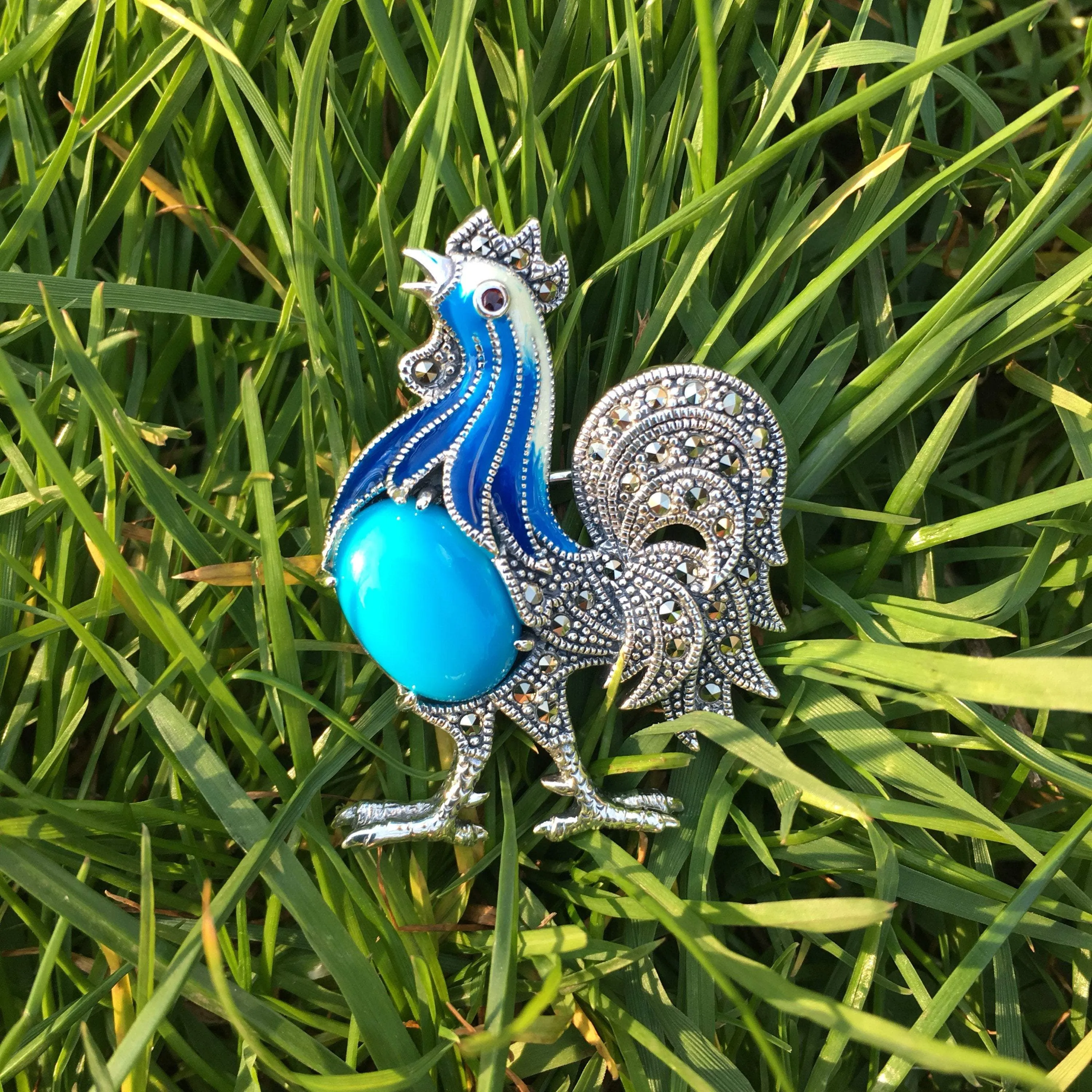 Blue Cockerel Brooch silver Marcasite enamel