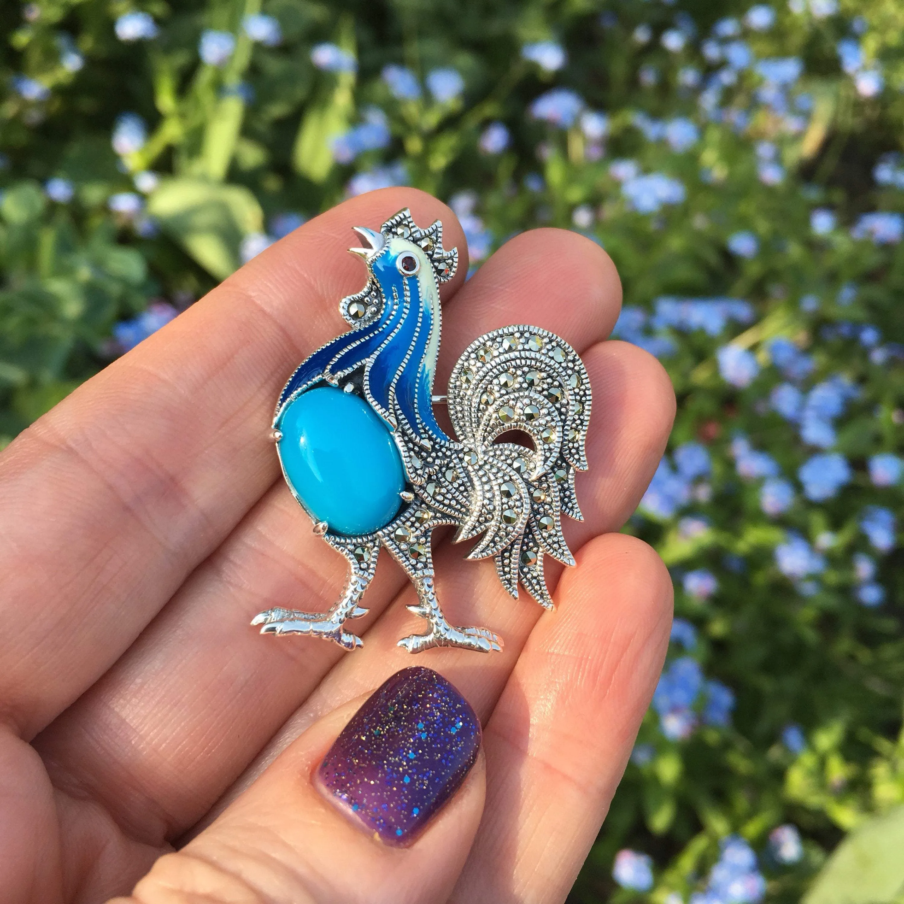 Blue Cockerel Brooch silver Marcasite enamel