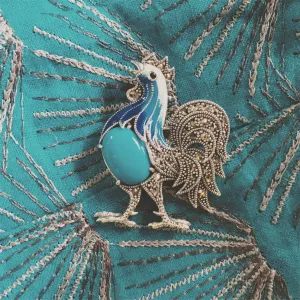 Blue Cockerel Brooch silver Marcasite enamel