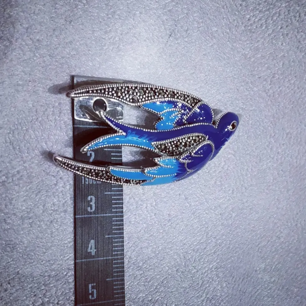 Blue enamel Bird Brooch silver Marcasite enamel