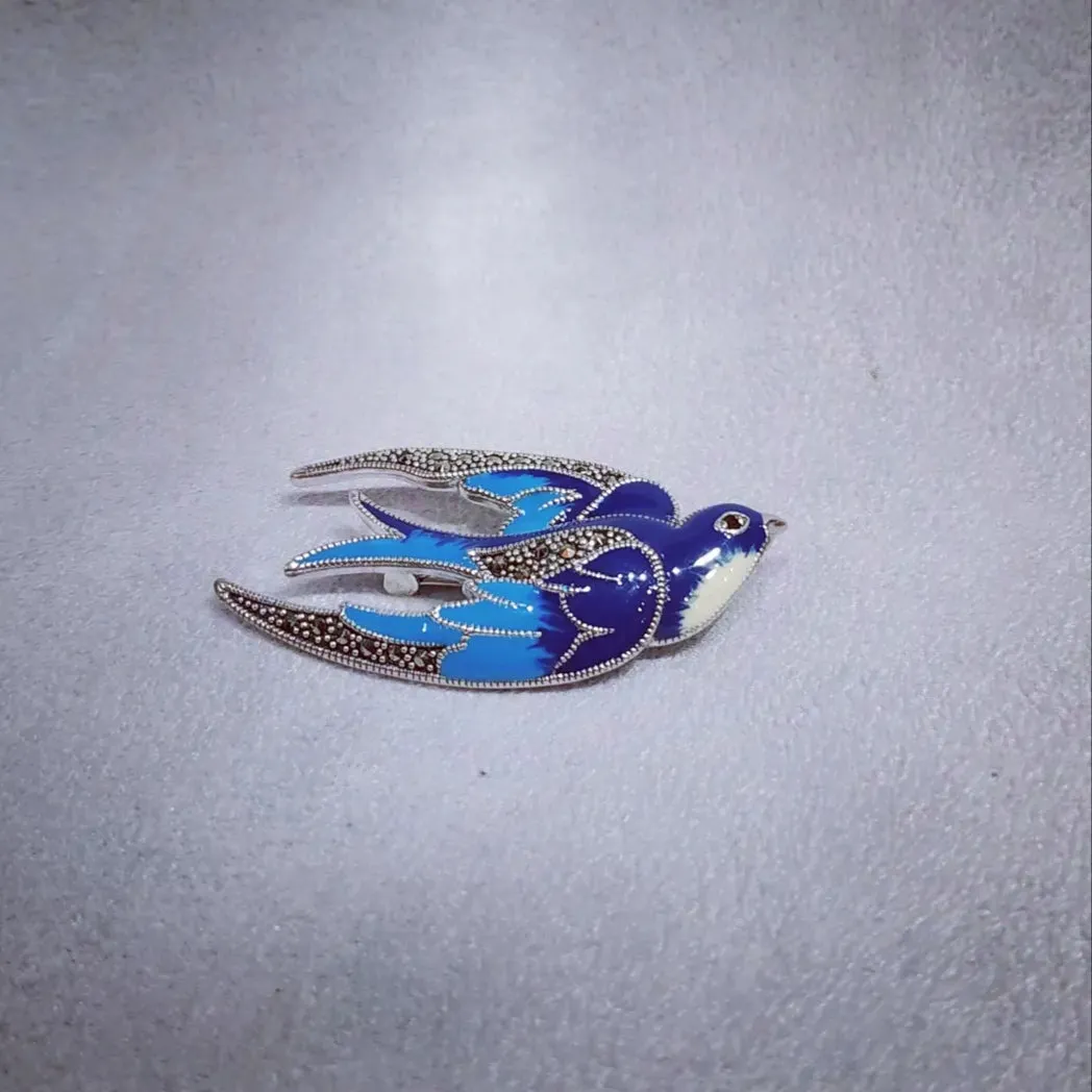 Blue enamel Bird Brooch silver Marcasite enamel