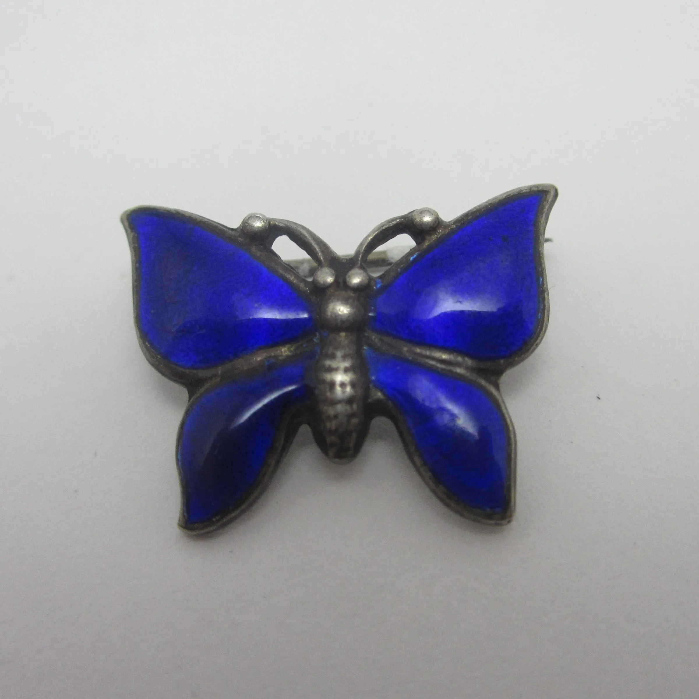 Blue Enamel Butterfly Sterling Silver Brooch Pin Vintage Art Deco c1920