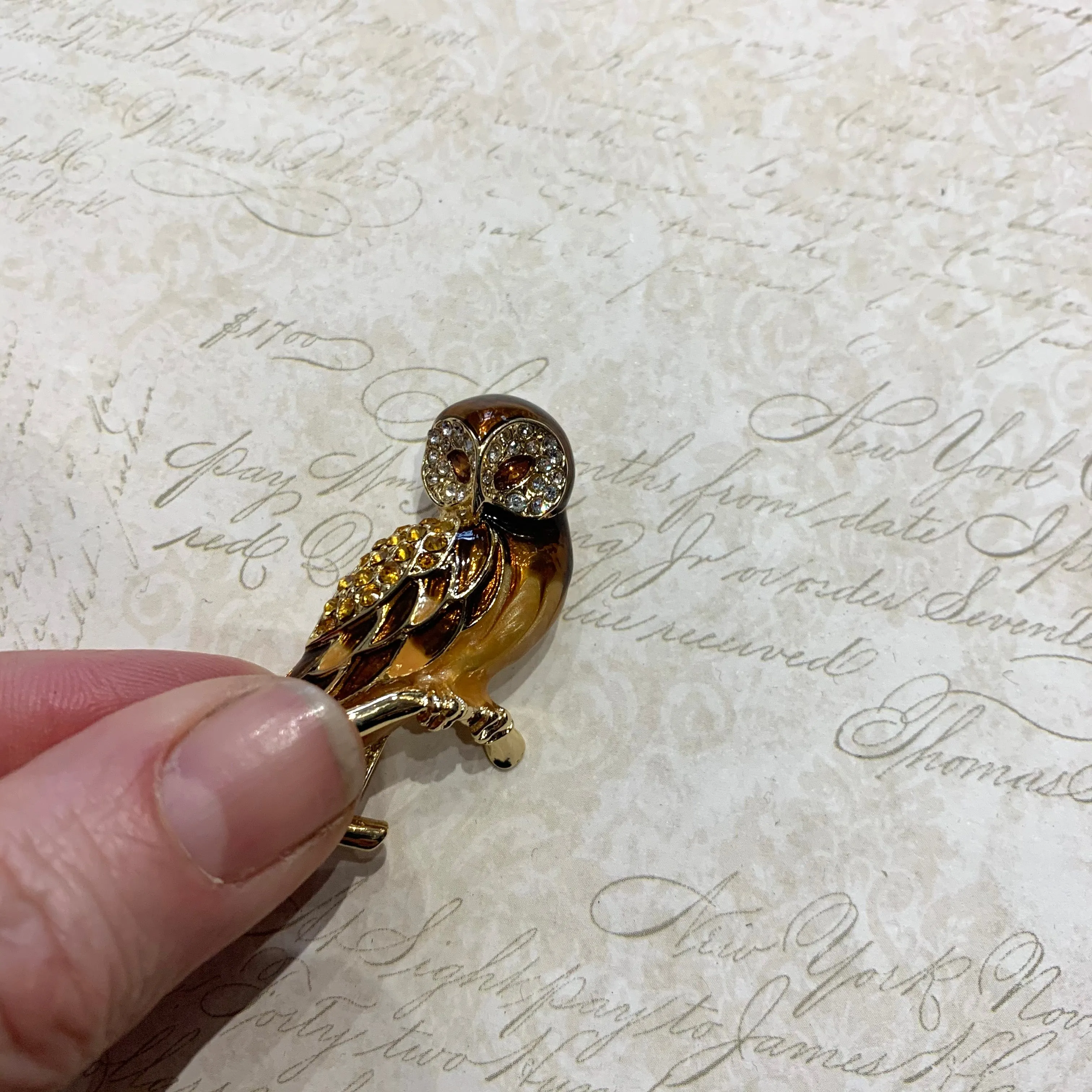 Brown enamel owl brooch