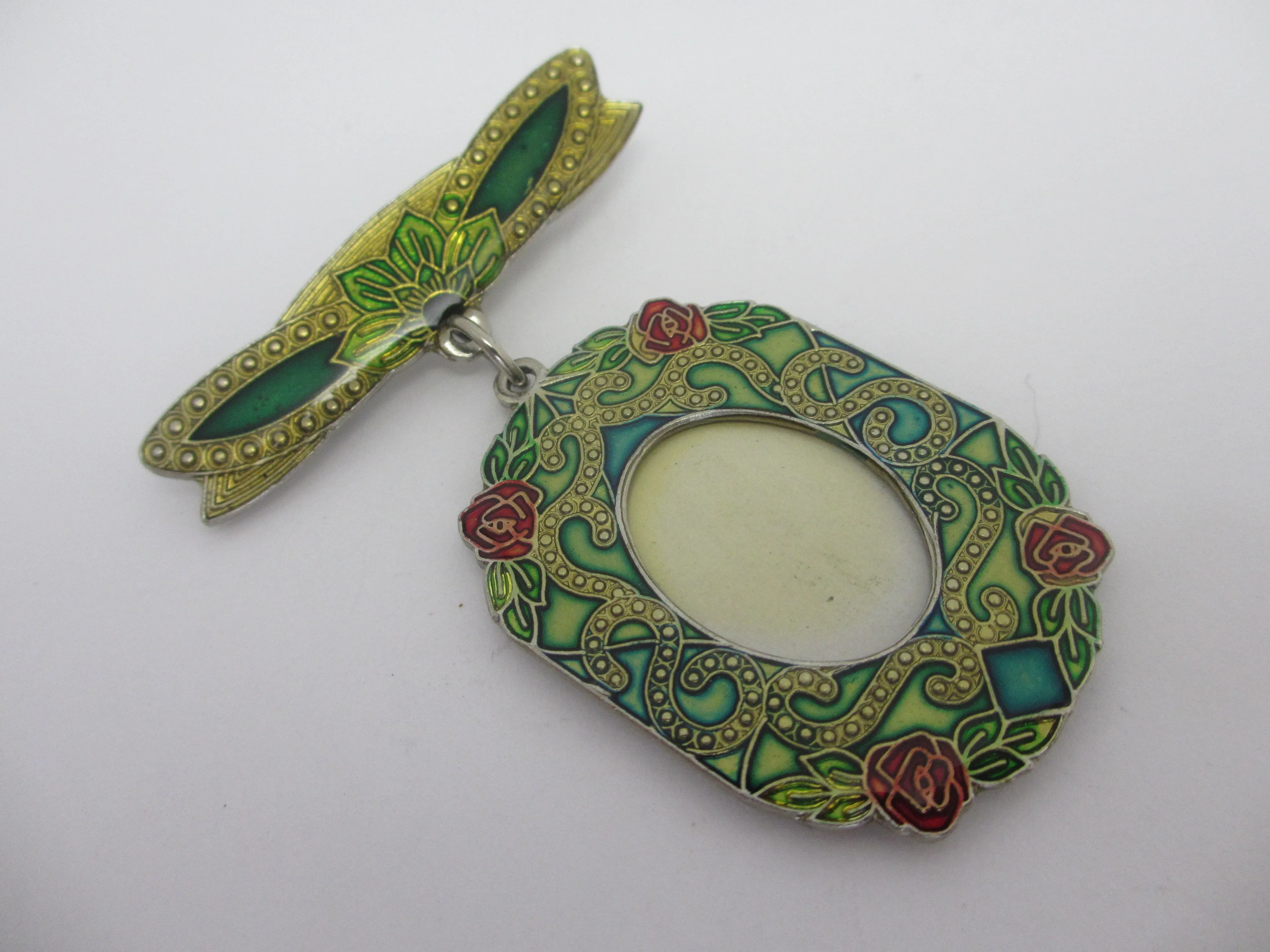 Dangling Locket Pendant Brooch Pin Enamel on White Metal Vintage c1980