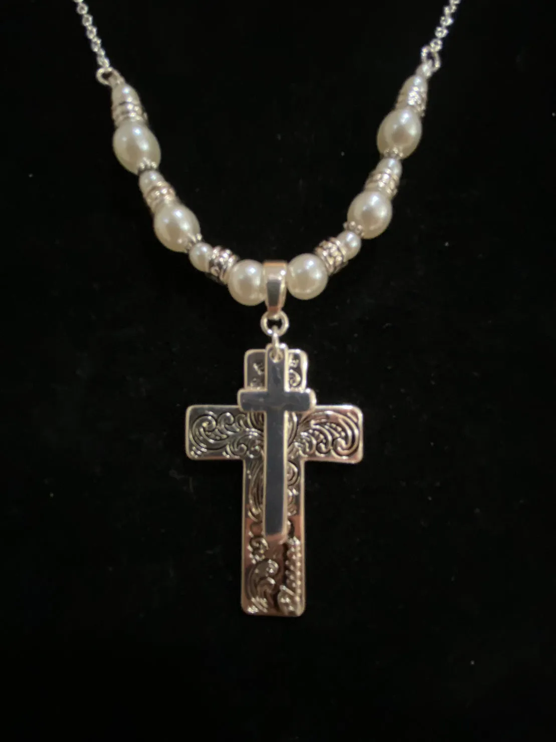 Double Cross with Pearls Necklace