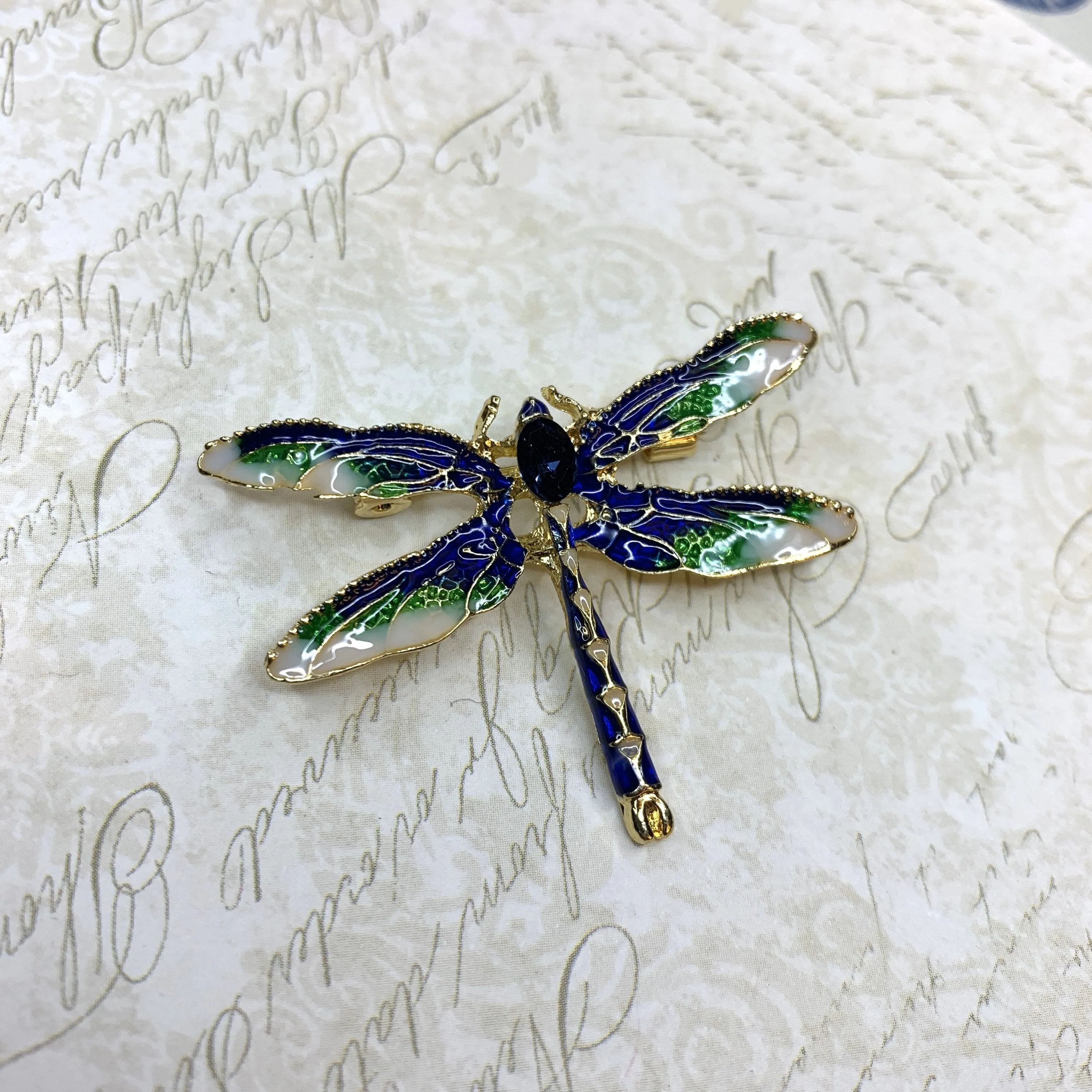 Dragonfly brooch green blue enamel