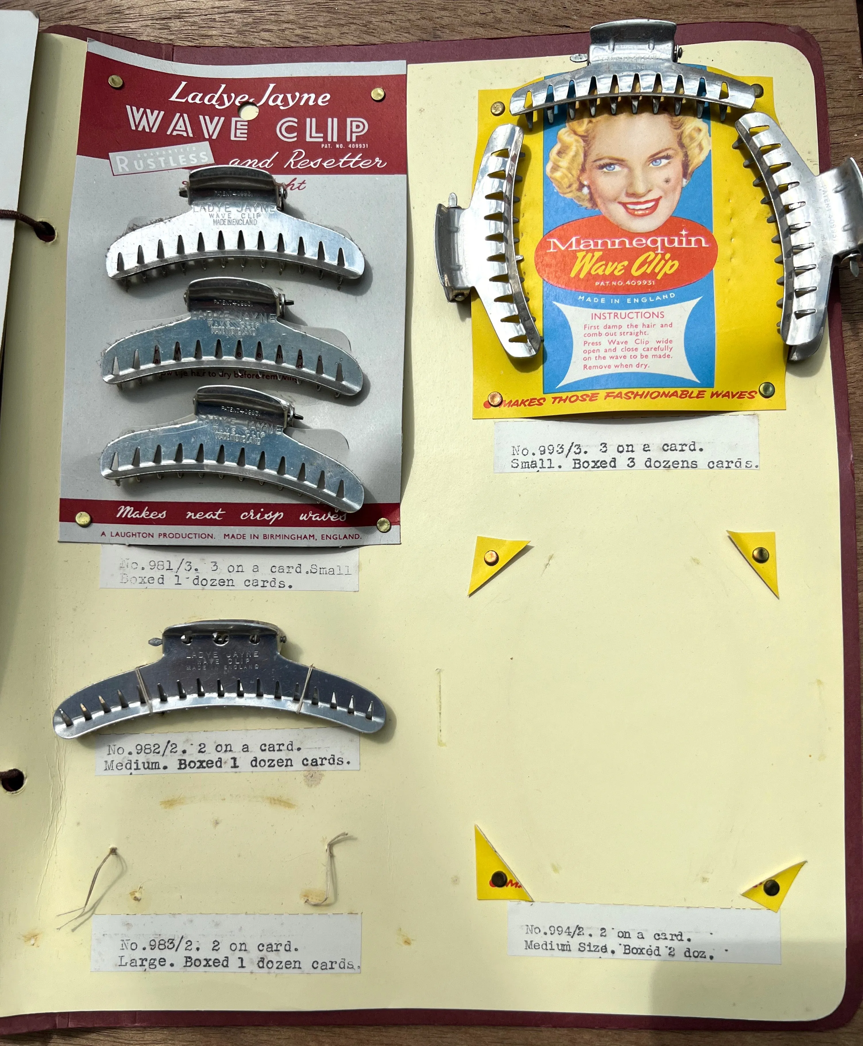 Fantastic 1940s Salesman's File of 10 Hair Clip and Roller Cards incl. Loose Wave Clips