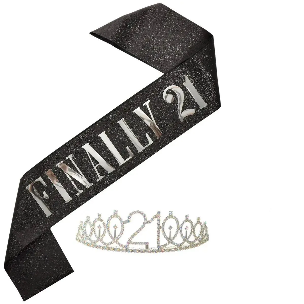 Finally 21st Birthday Girl Tiara & Sash set - Black & Silver