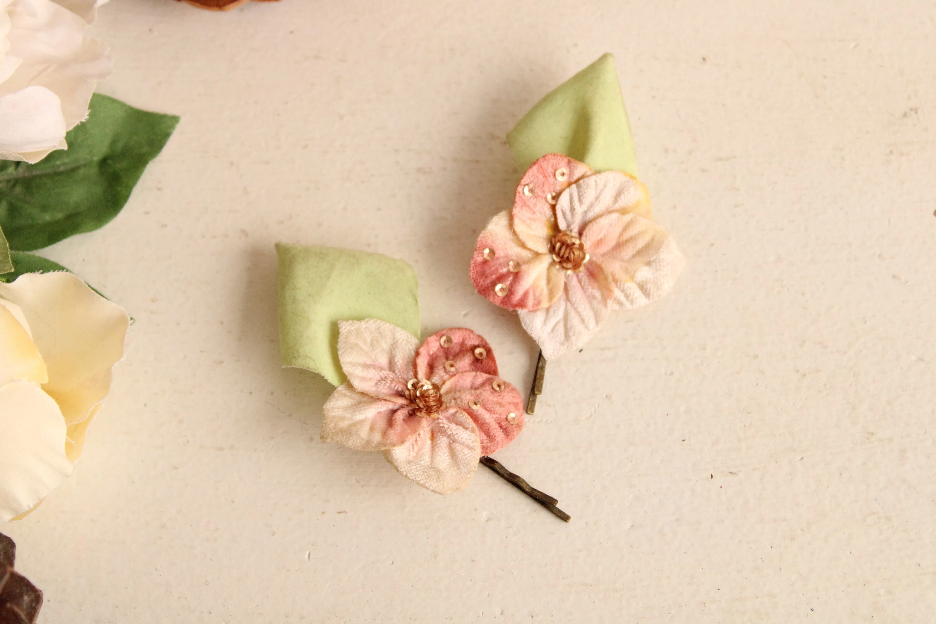 Flower Hairpins With Vintage Velvet Millinery Flowers, Set of Two