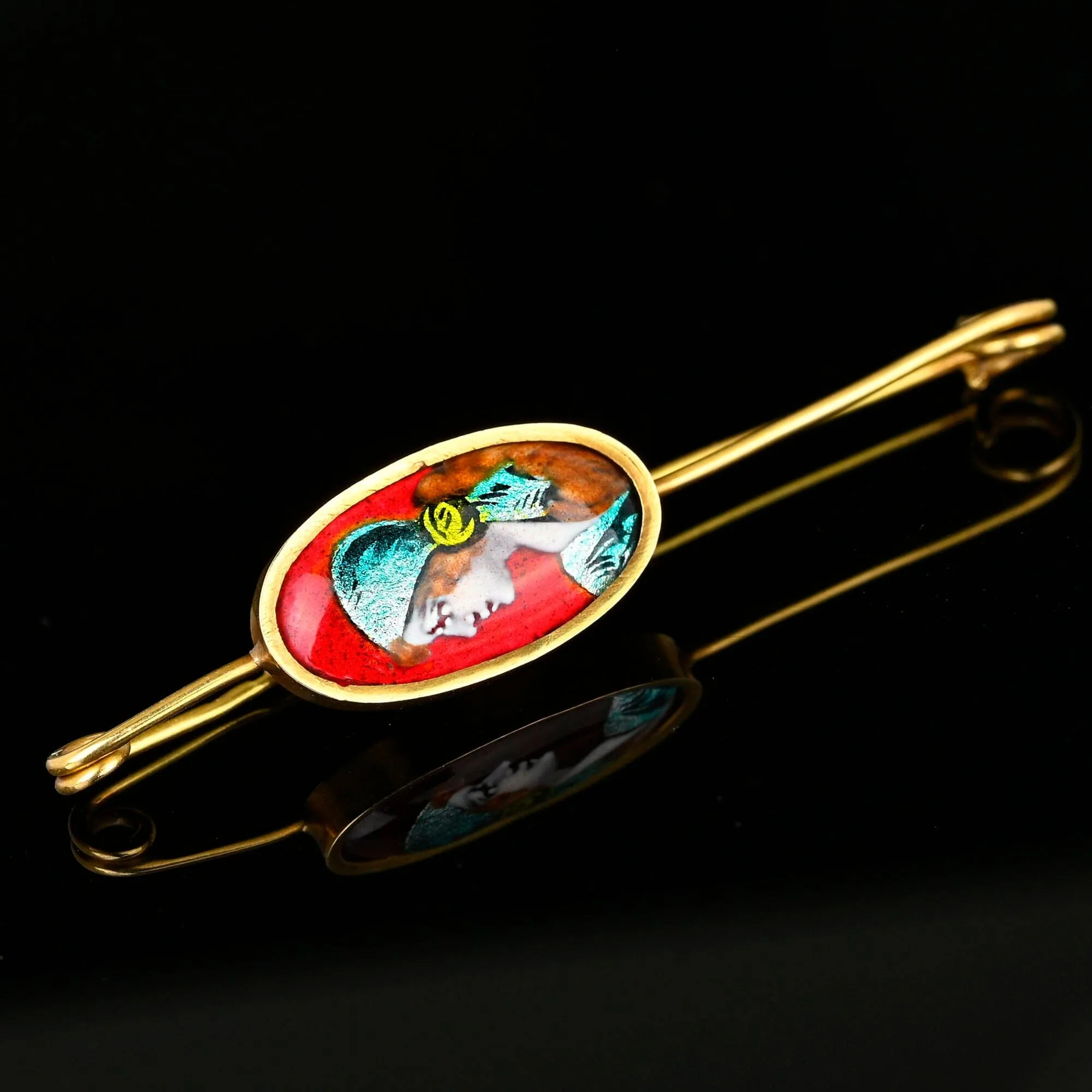 French 14K Gold Safety Pin Enamel Limoges Brooch