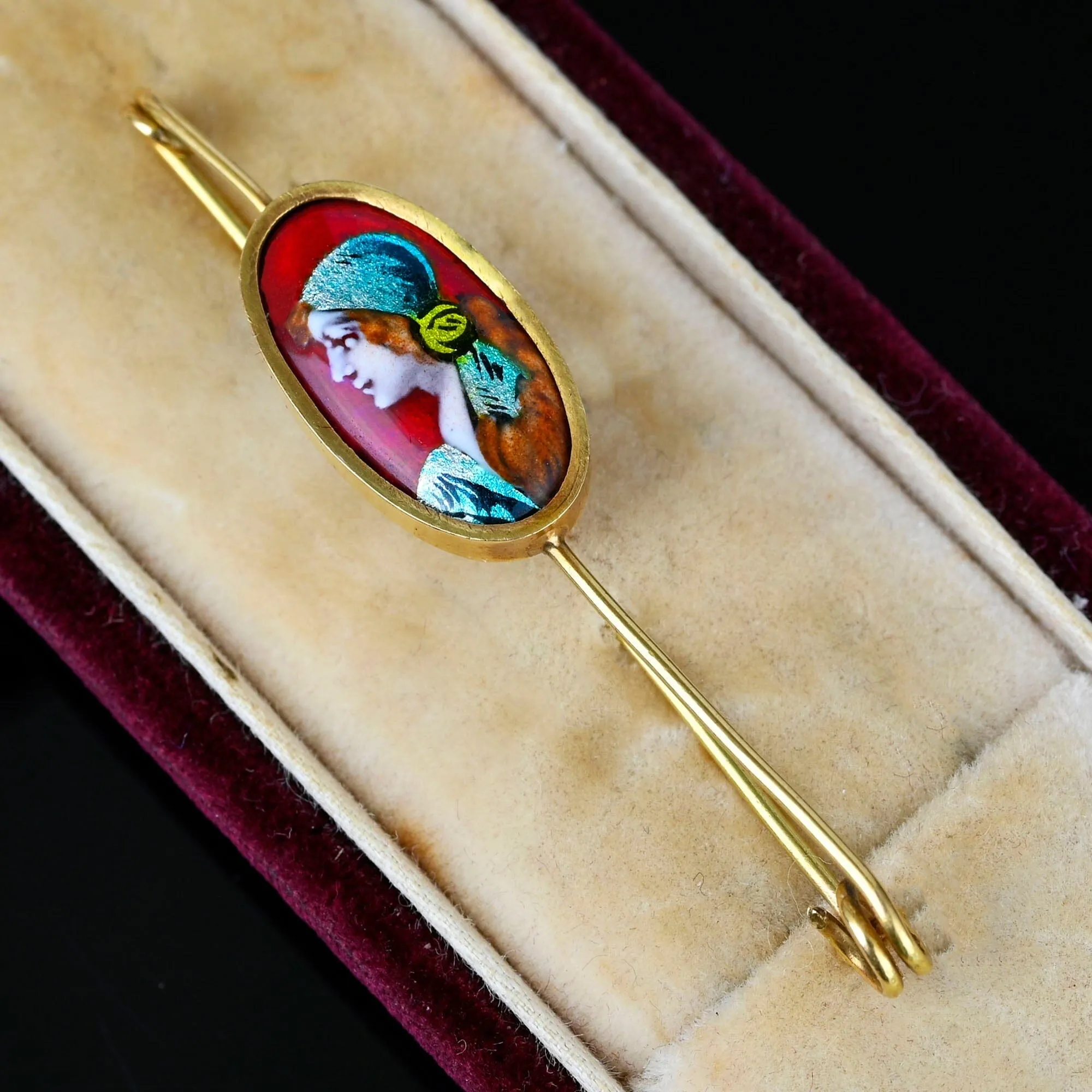 French 14K Gold Safety Pin Enamel Limoges Brooch