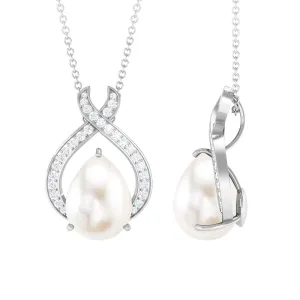 Freshwater Pearl Teardrop Pendant Necklace with Diamond