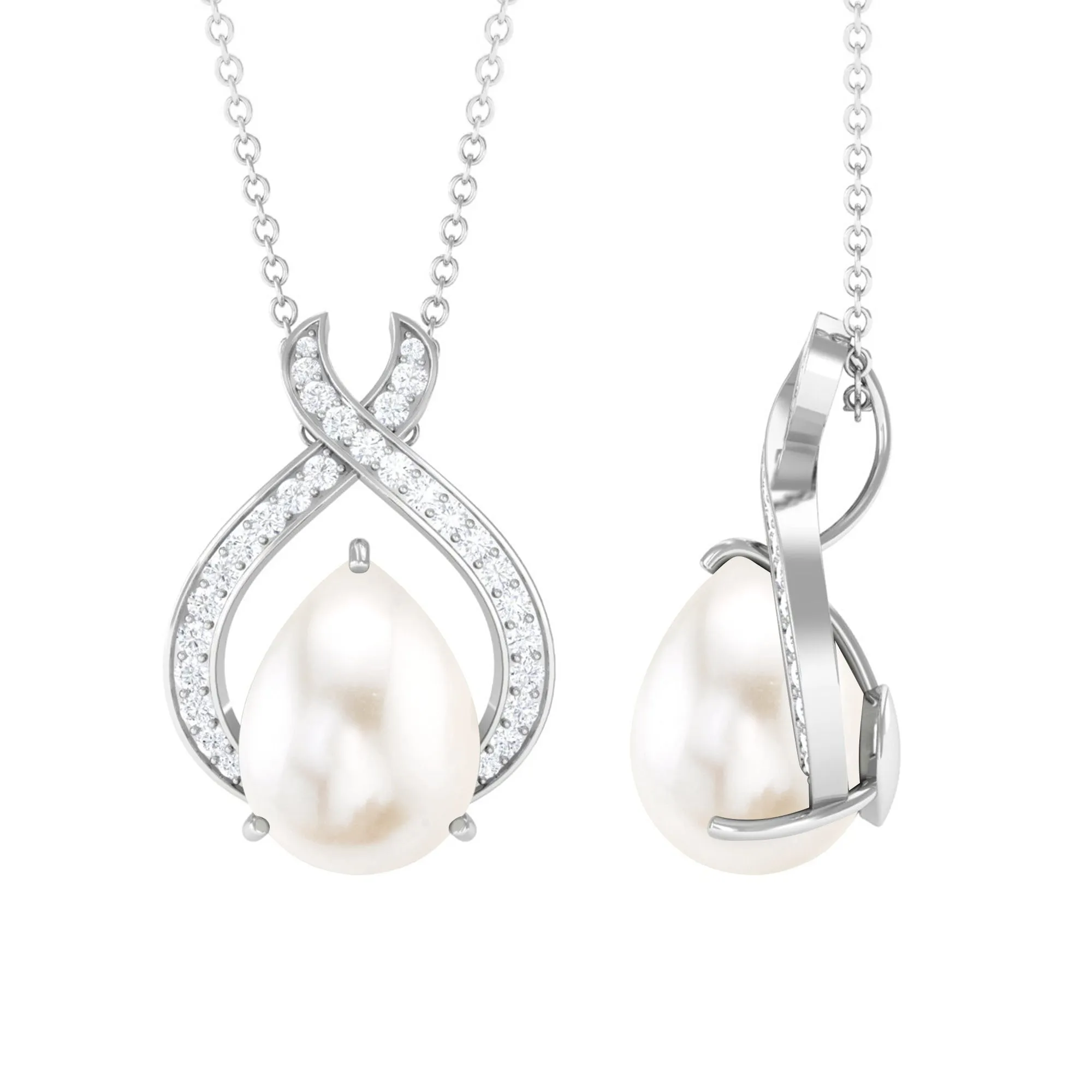 Freshwater Pearl Teardrop Pendant Necklace with Diamond