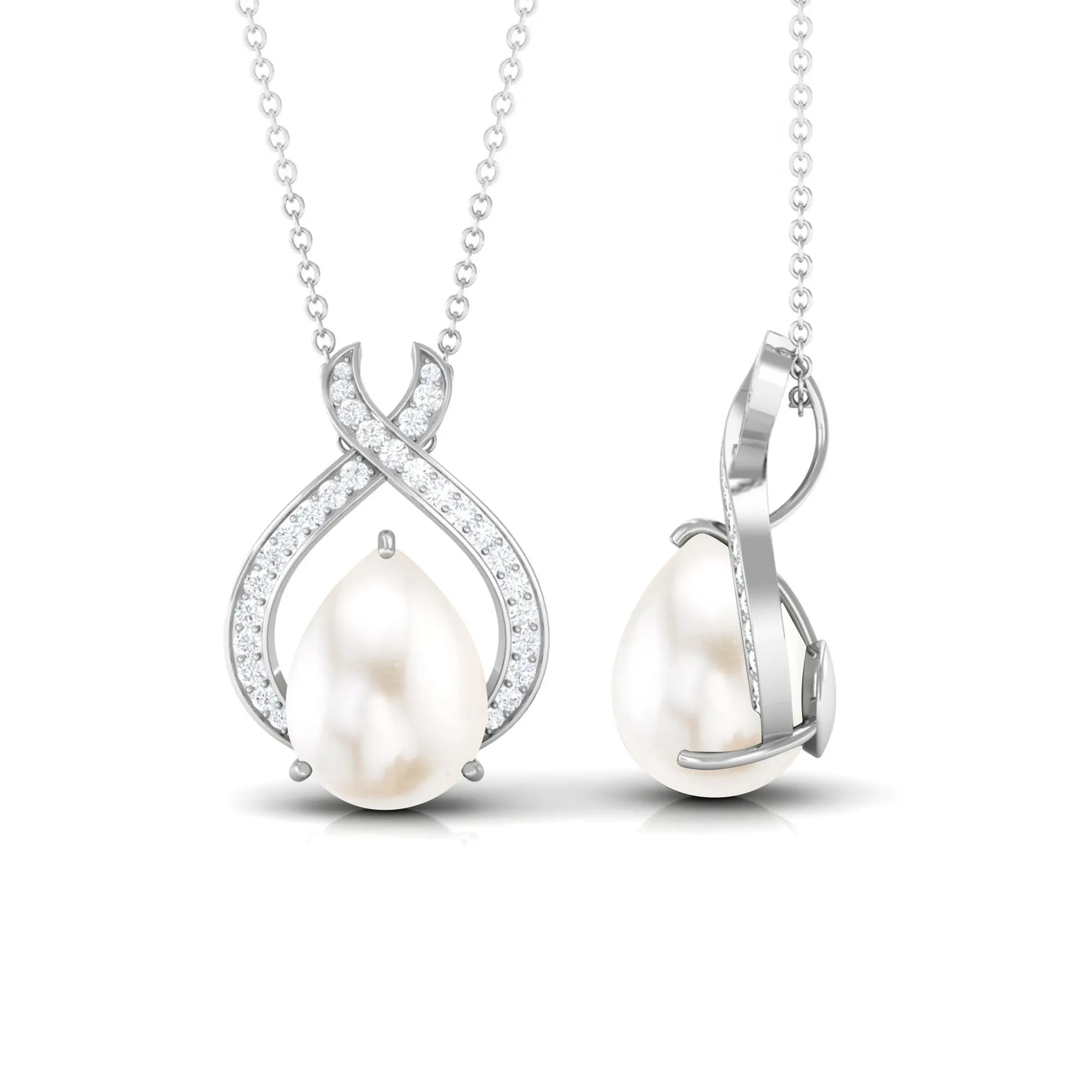 Freshwater Pearl Teardrop Pendant Necklace with Diamond