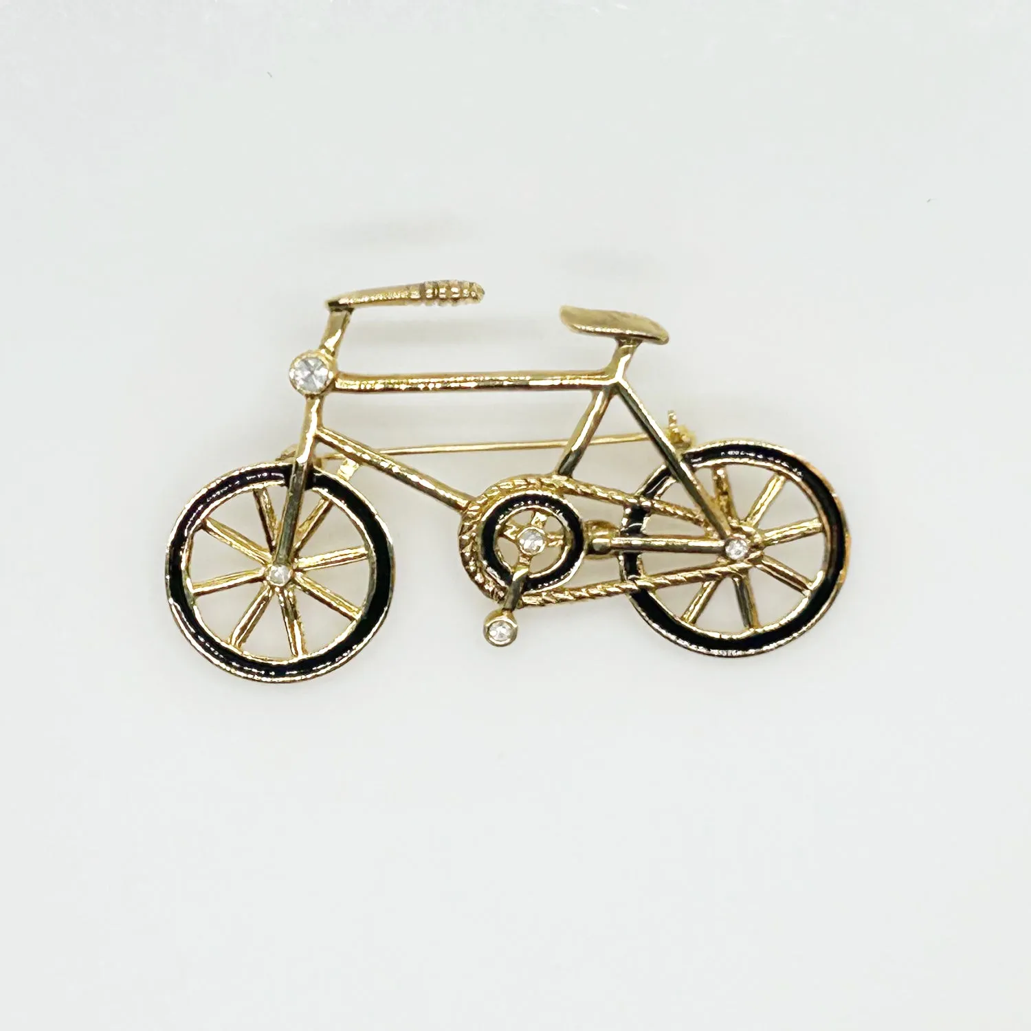 Gold and Black Bicycle Brooch with Clear Rhinestones