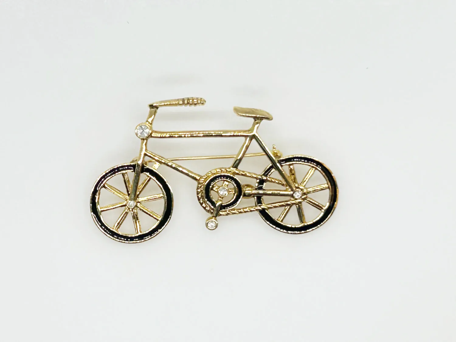 Gold and Black Bicycle Brooch with Clear Rhinestones