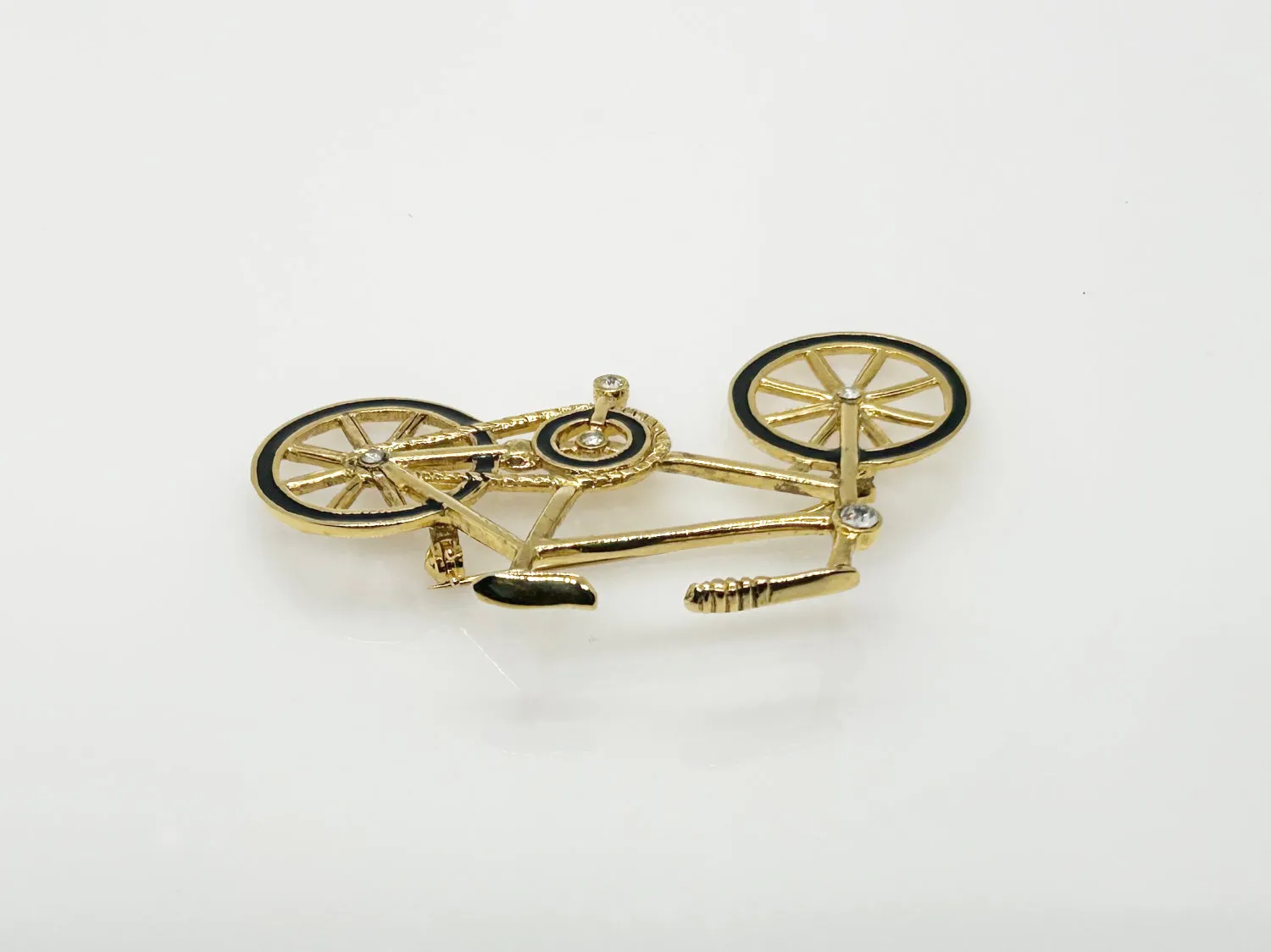 Gold and Black Bicycle Brooch with Clear Rhinestones