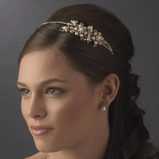 Gold and Pearl Side Accented Floral Headband