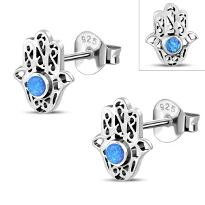 Hamsa Stud Silver Earrings set w/ Synthetic Blue Opal