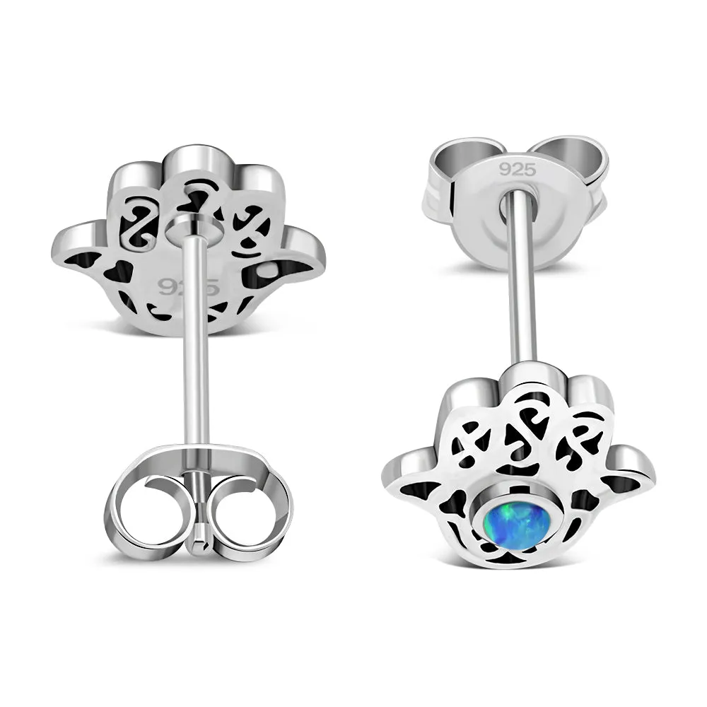 Hamsa Stud Silver Earrings set w/ Synthetic Blue Opal