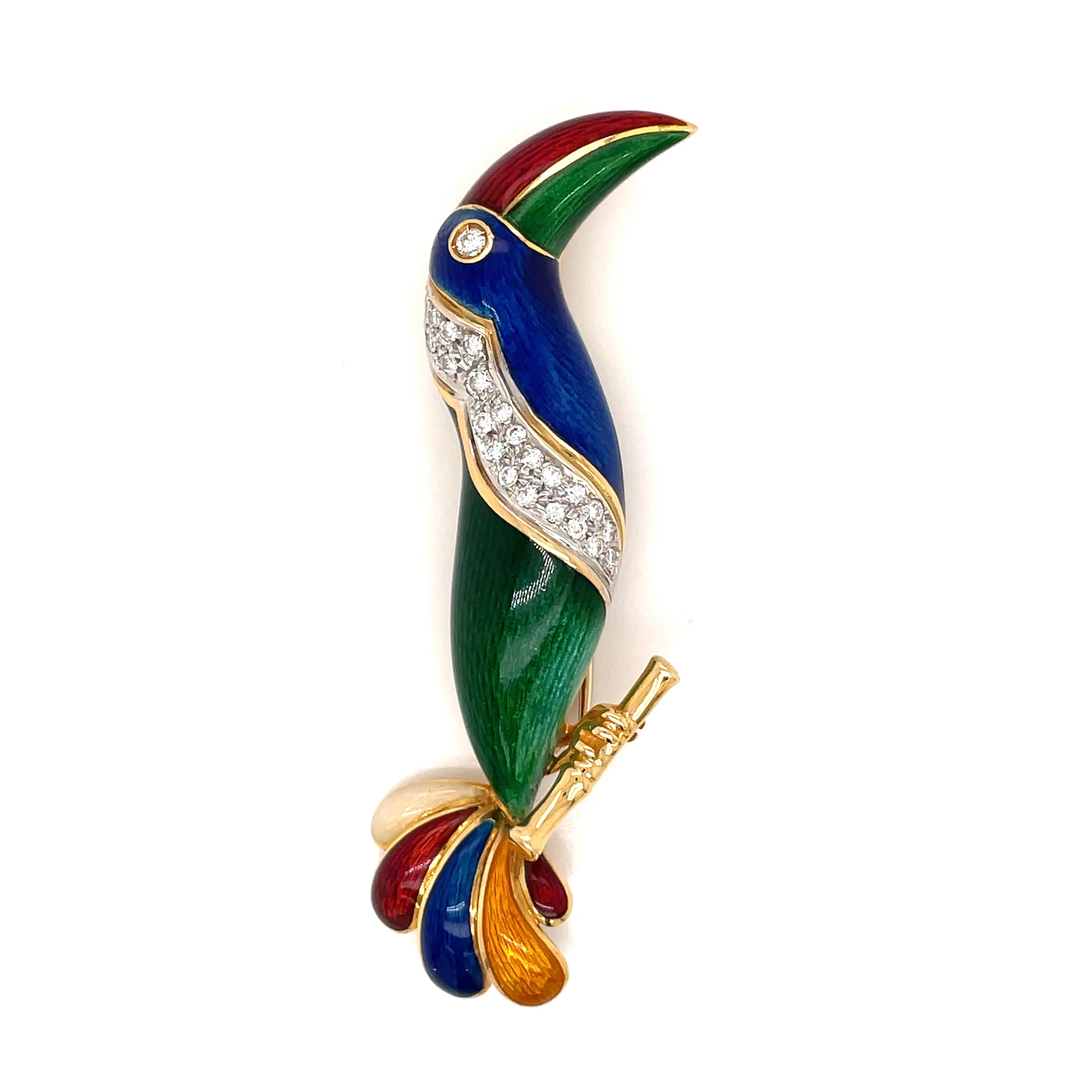 Illario Diamond Enameled Parrot Brooch