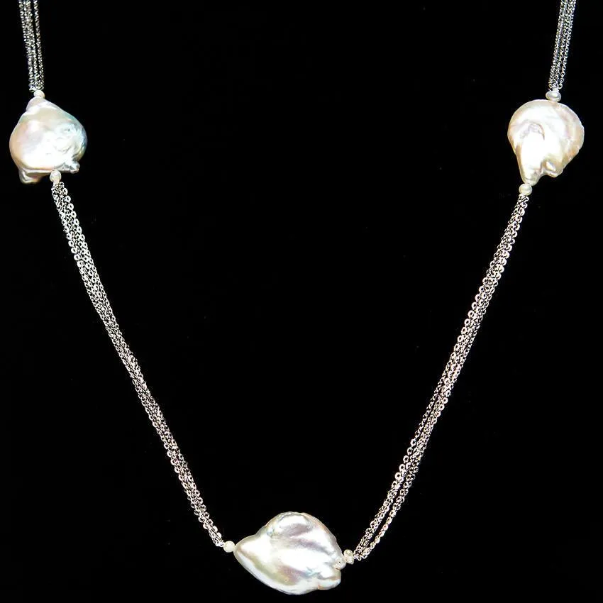 Long Chain Baroque Pearl Necklace 18k White Gold