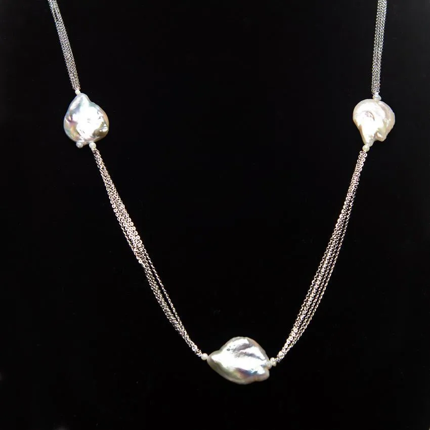 Long Chain Baroque Pearl Necklace 18k White Gold