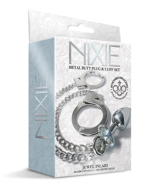 Nixie Metal Butt Plug W-inlaid Jewel & Cuff Set - Silver Metallic