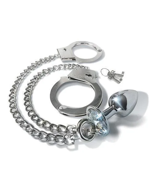 Nixie Metal Butt Plug W-inlaid Jewel & Cuff Set - Silver Metallic