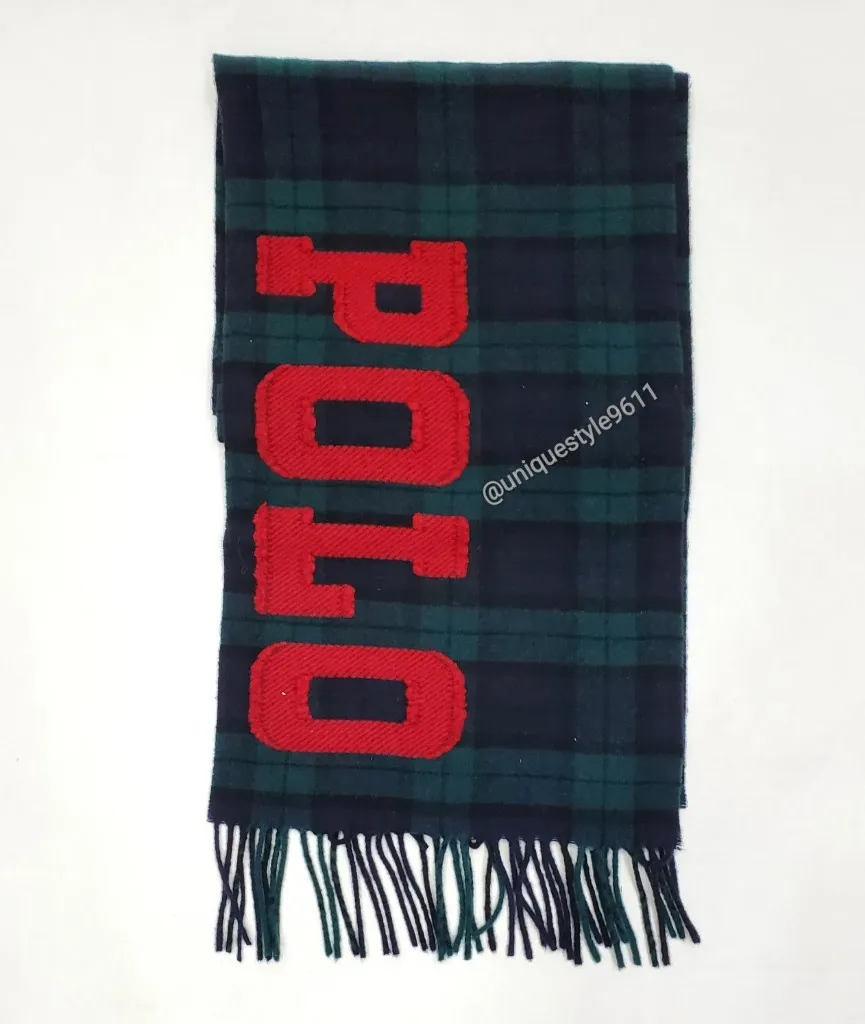 Nwt Polo Ralph Lauren Green Plaid Spellout Wool Scarf