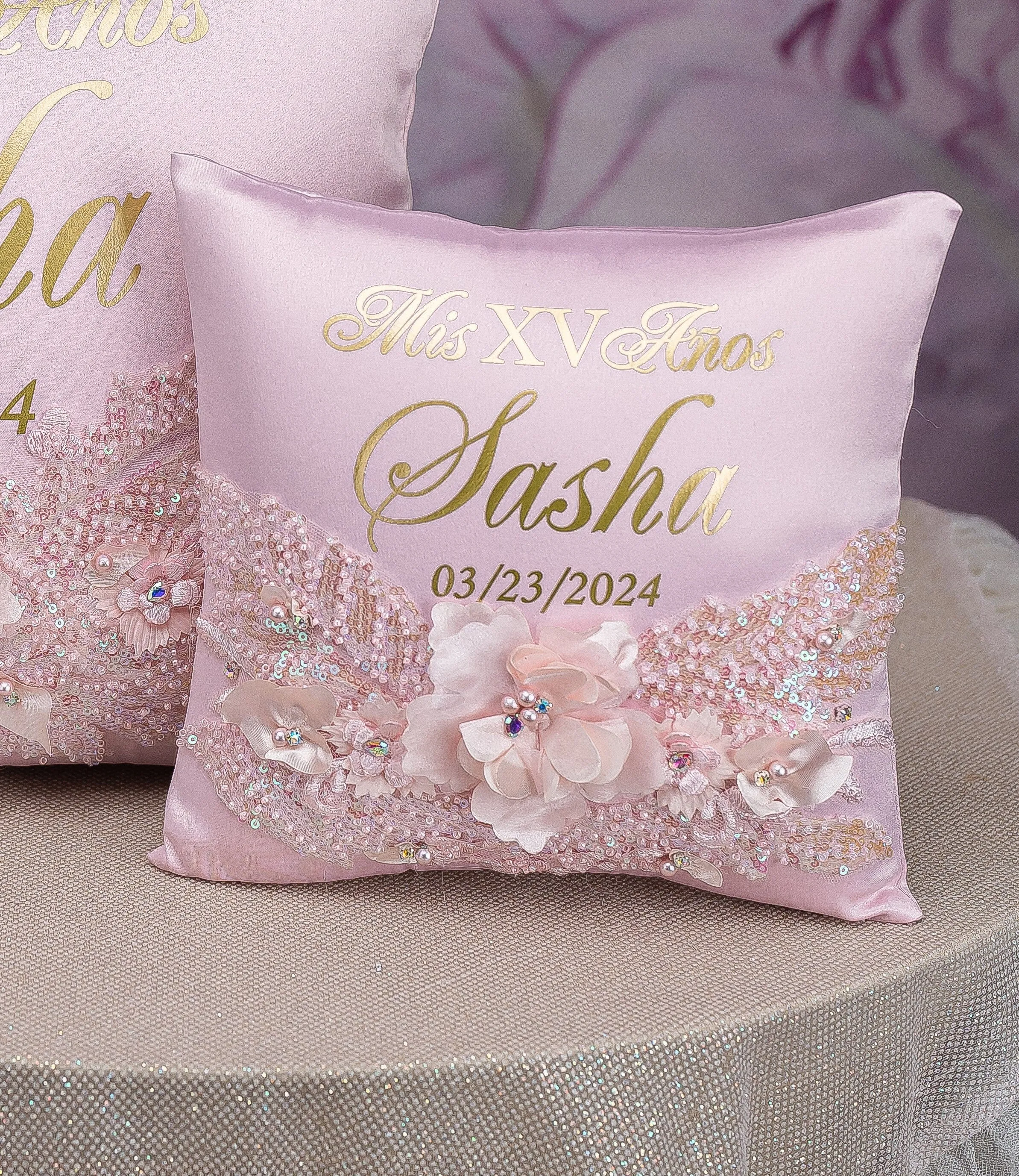 Pink Iridescent quinceanera tiara pillow