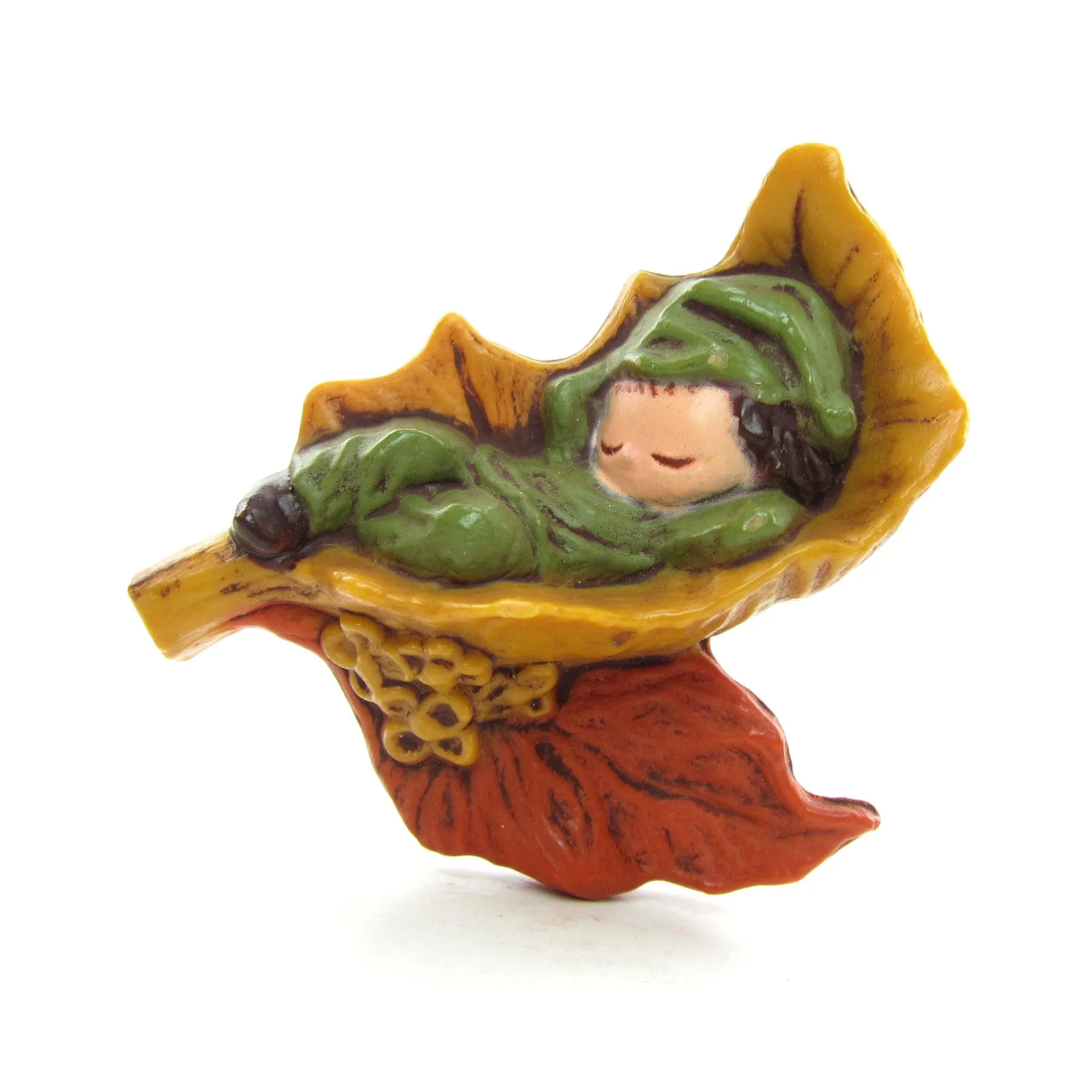 Pixie Boy Sleeping in Autumn Leaf Vintage Hallmark Lapel Pin