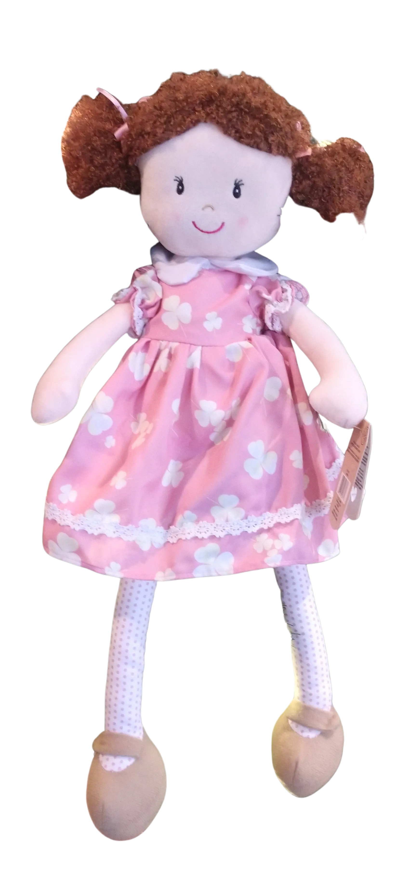 Plush Annie Rag Doll with Pink Flowered Dress & Pink Ribbons in Hair 20"