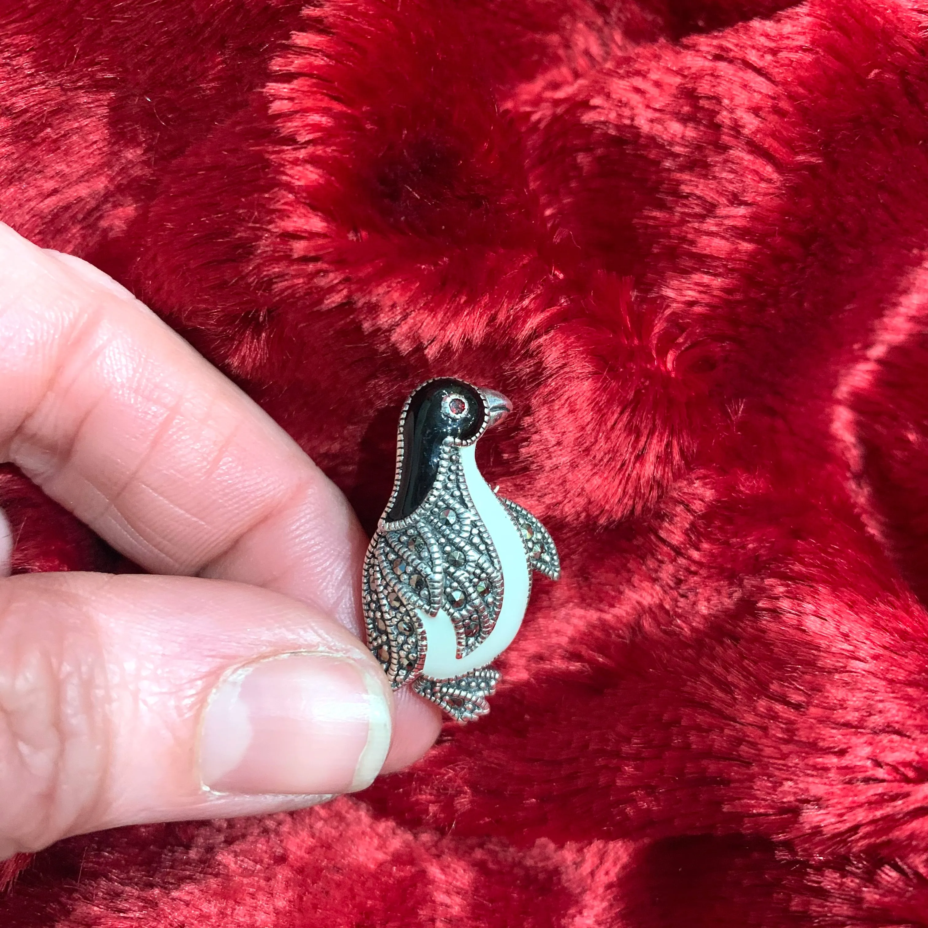 Silver enamel penguin brooch