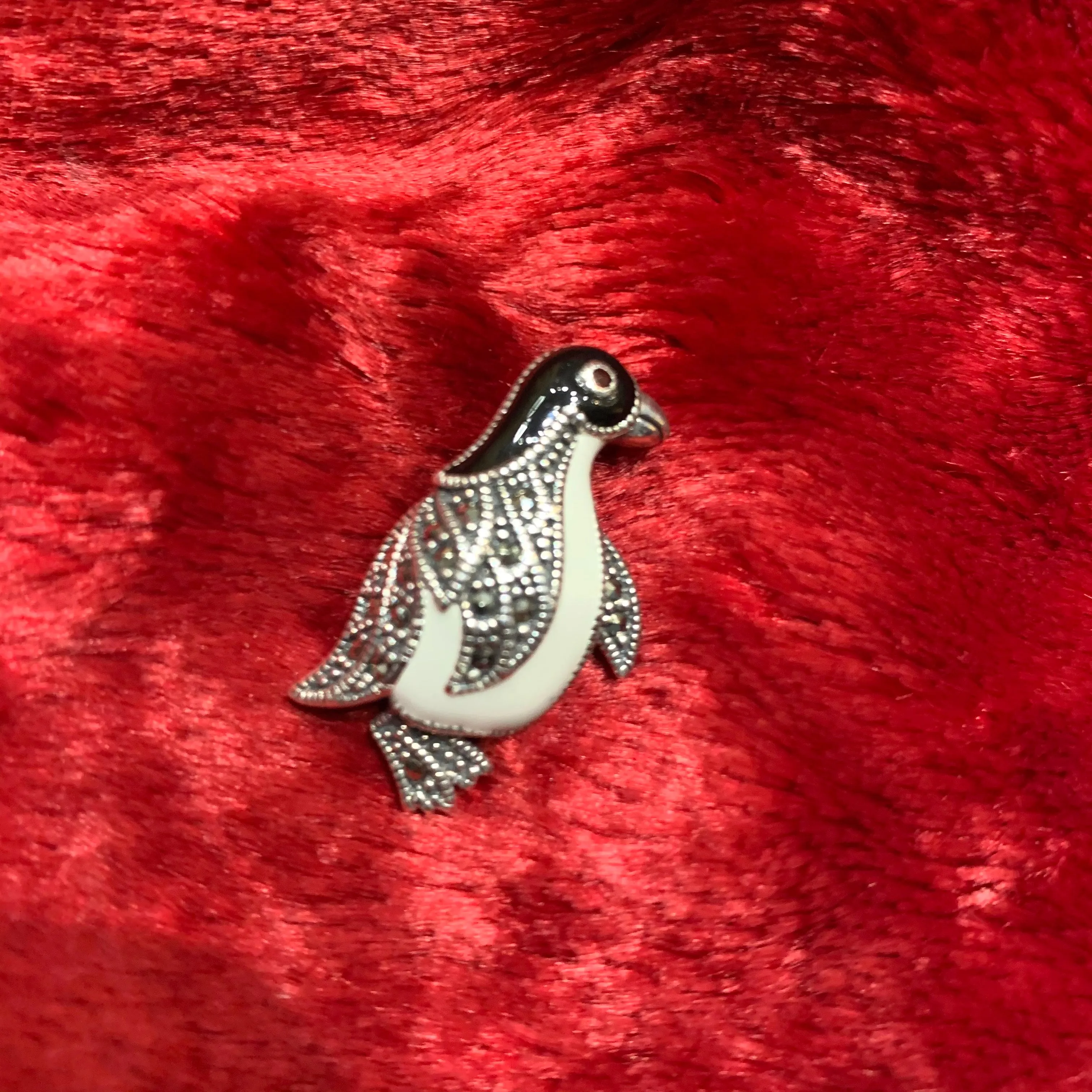 Silver enamel penguin brooch