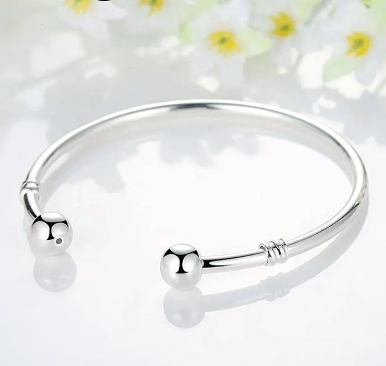 Silver European Charm Bead Bangle Bracelet