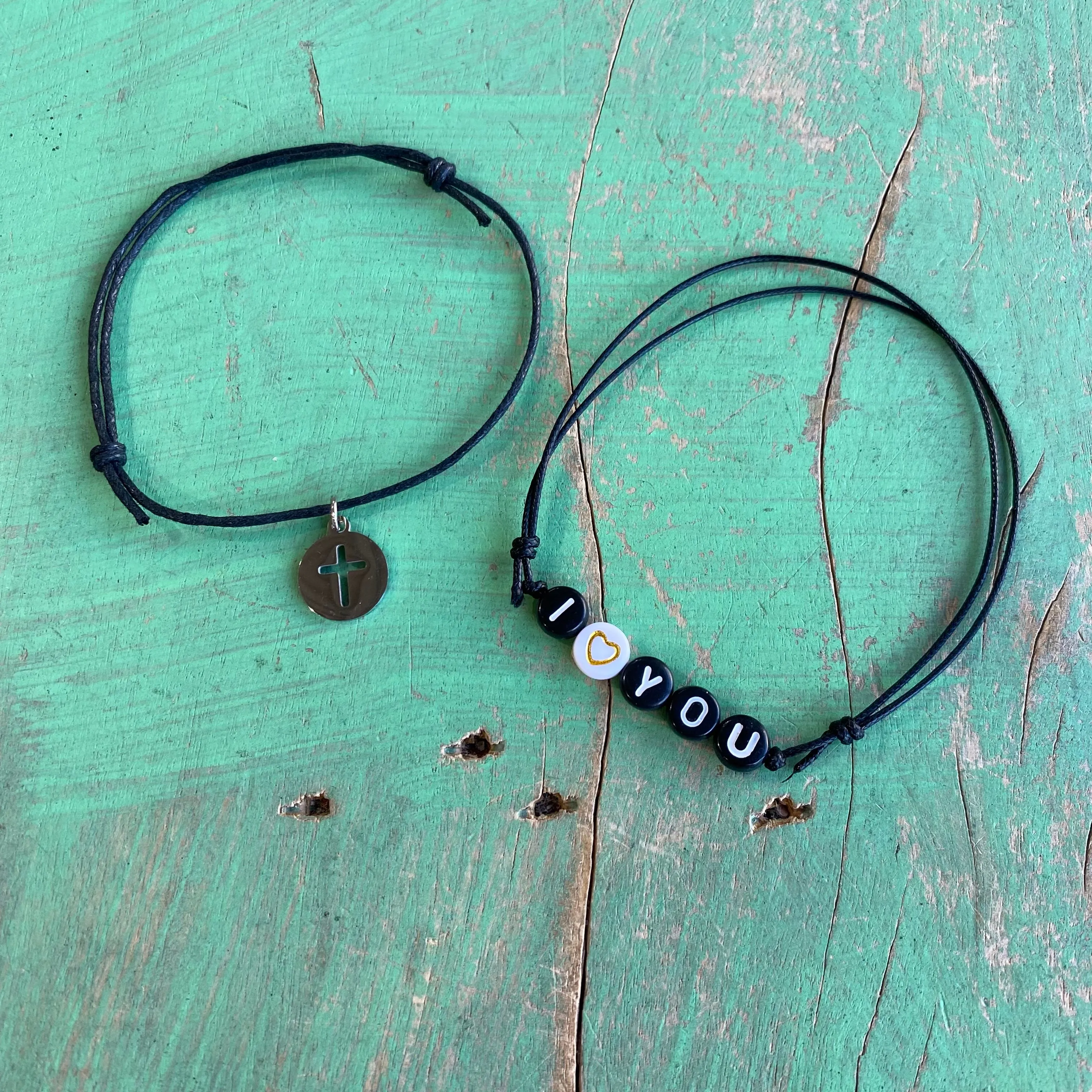 Simple Black Cord Cross and I Love You Bracelet