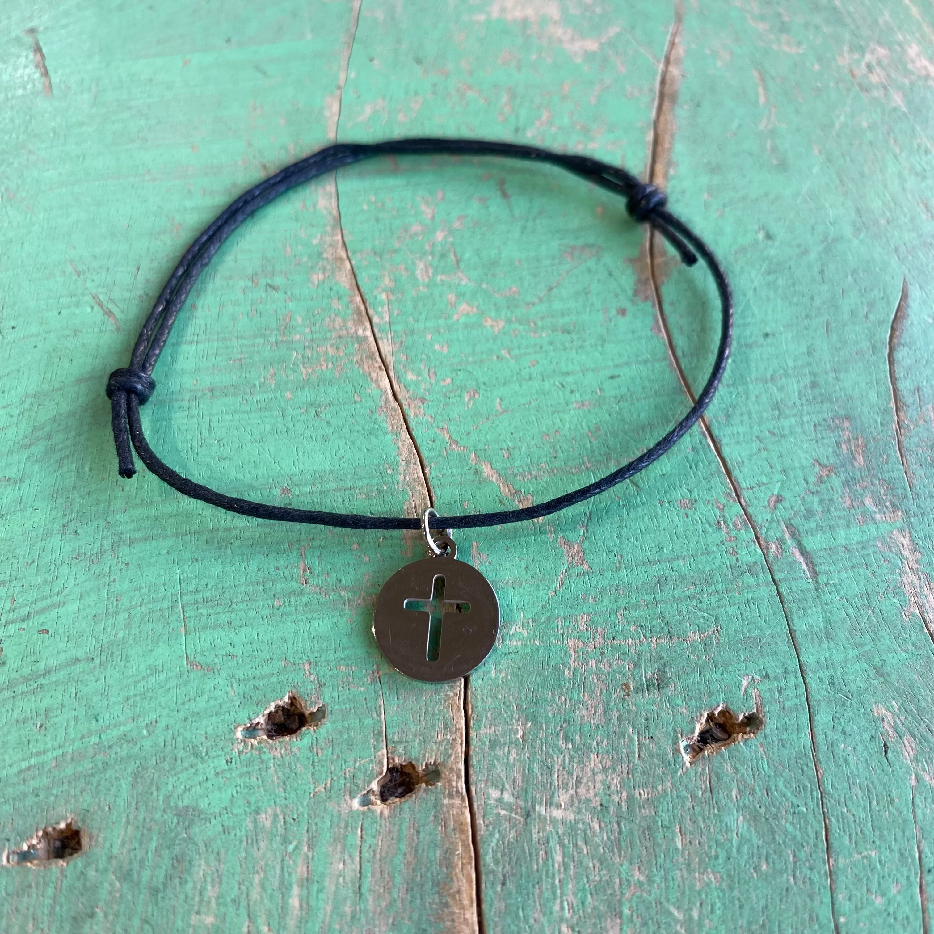 Simple Black Cord Cross and I Love You Bracelet