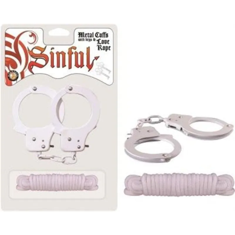 Sinful Metal Cuffs With Keys & - Love Rope - White