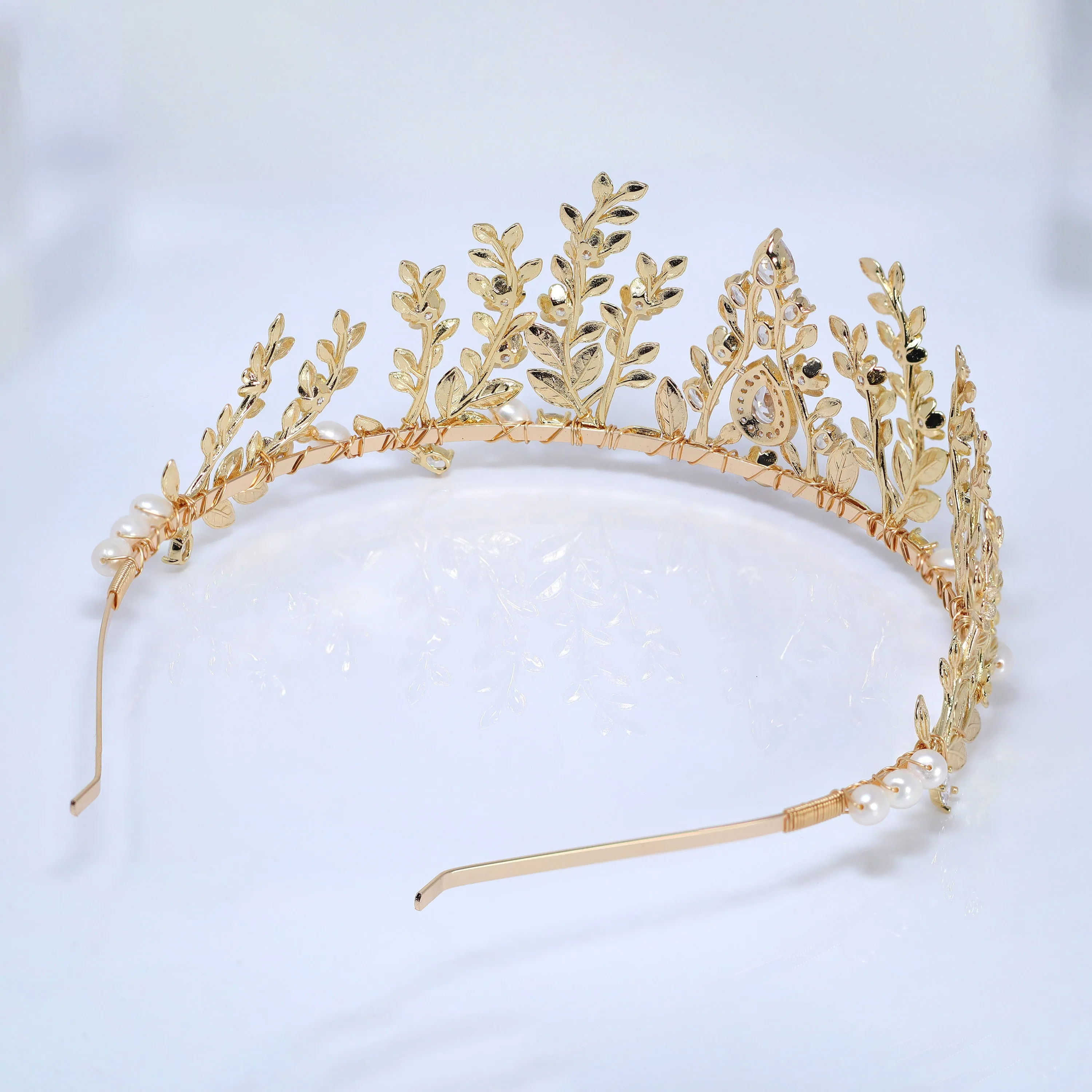 Swarovski Crystal, Natural Pearl And Flower Of Eternal Elegance In Heavenly Gold Garden Queen Tiara Bride Crown , Bridal Wedding Crown