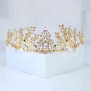 Swarovski Crystal, Natural Pearl And Flower Of Eternal Elegance In Heavenly Gold Garden Queen Tiara Bride Crown , Bridal Wedding Crown