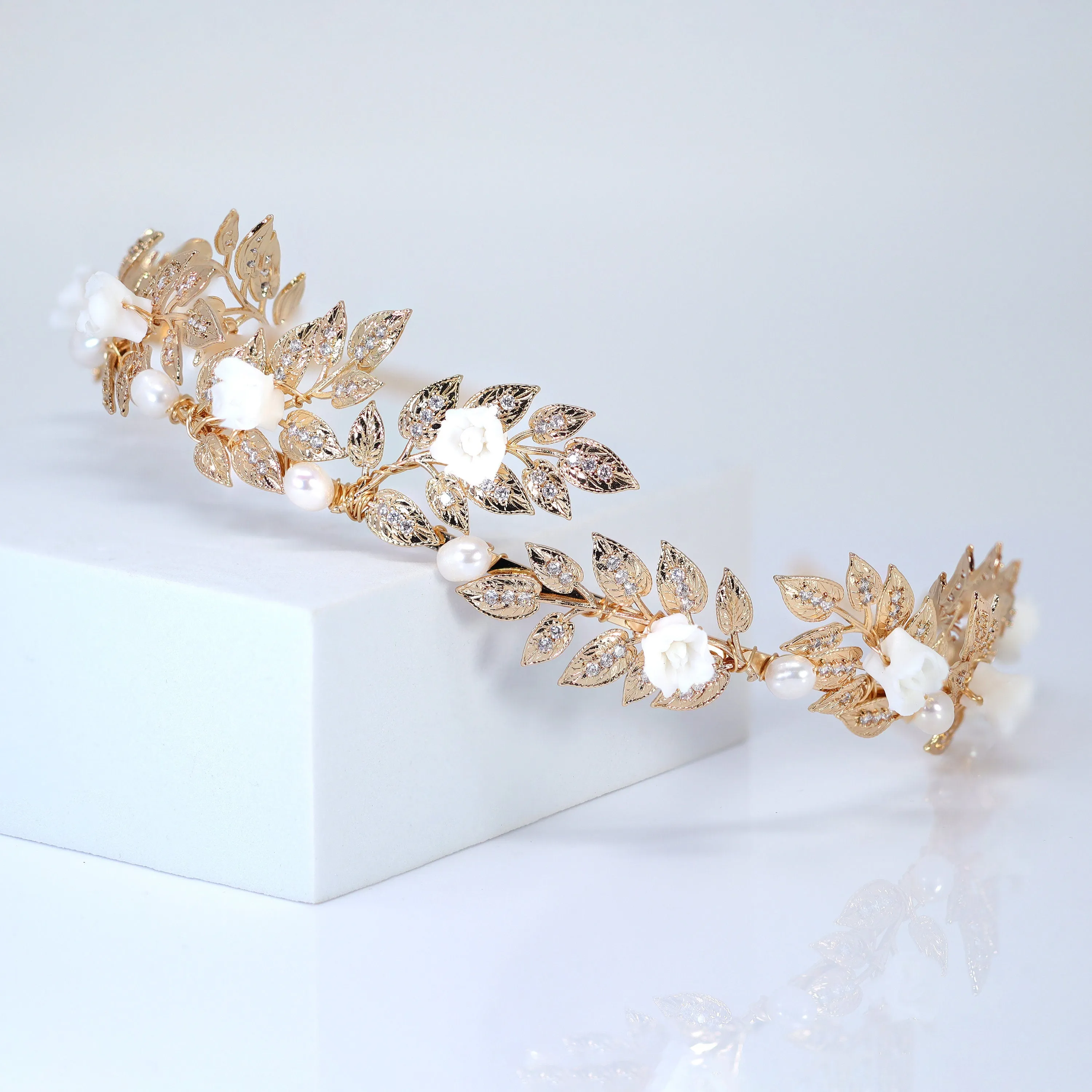 Swarovski Crystal Natural Pearl And Porcelain White Flower Vine Leaves Queen Tiara/Headband , Bridal Crown, Wedding Tiara, Pearl Crown.